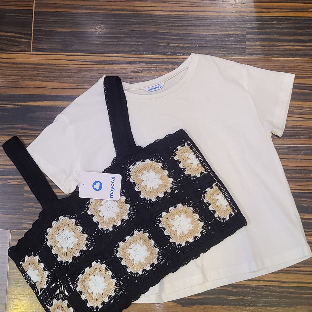 White and Black Kids Crochet Top Set